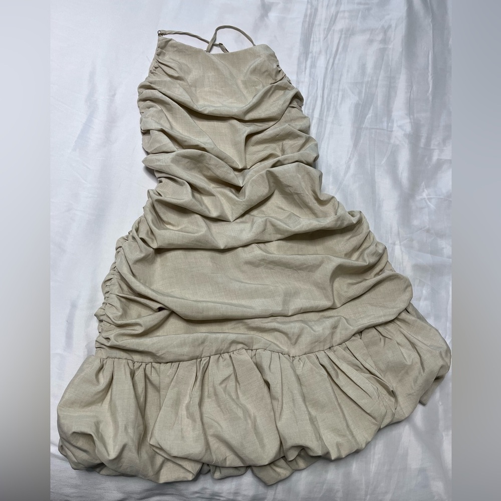 Chic Tan Ruched Mini Dress - Picture 3 of 6